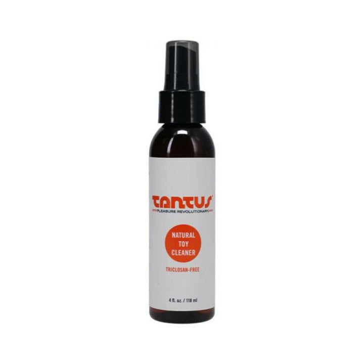 4 oz dark spray bottle of Tantus natural toy cleaner with white and orange label, triclosan-free formula