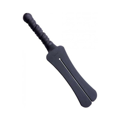 Black silicone dual-tongue impact toy with textured handle for versatile use and precise control.