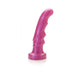 Pink wave-textured silicone adult toy with curved tip and ridged design on a flat base.