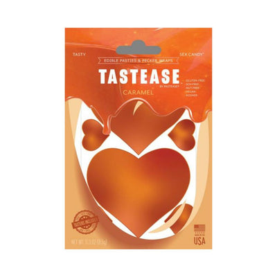 Tastease caramel candy edible pasties and pecker wraps in heart shapes with orange packaging and product details.