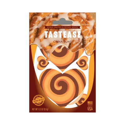 Tastease Cinna-buns cinnamon roll flavored edible pasties and pecker wraps packaging with swirl design and icing detail.