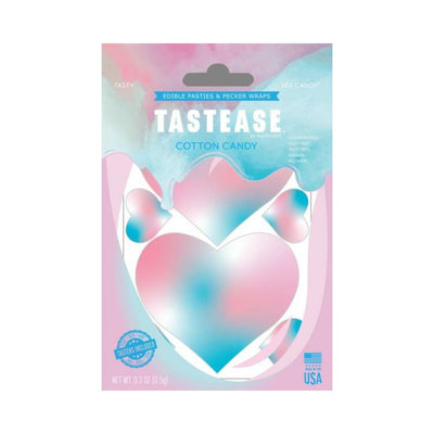 Tastease Cotton Candy flavored edible pasties and pecker wraps in heart shapes with pastel pink and blue packaging.