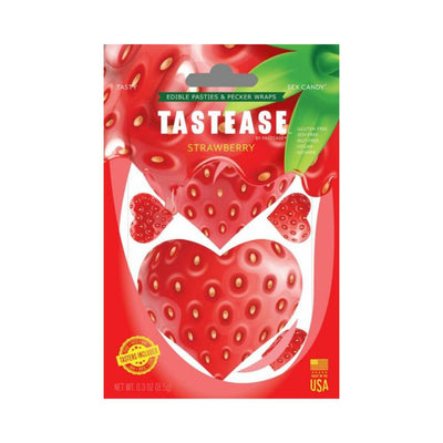 Tastease strawberry candy edible pasties and pecker wraps in heart shapes with vibrant red packaging