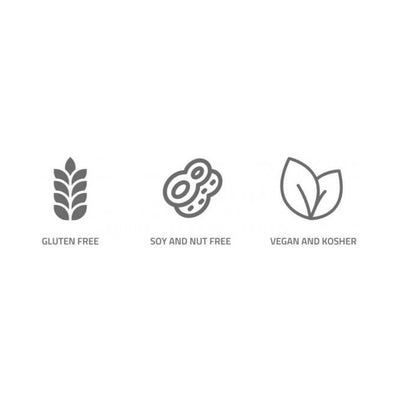Icons indicating product is gluten free, soy and nut free, and vegan and kosher certified.