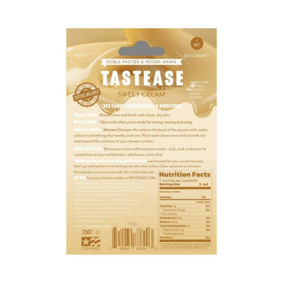 Back packaging of Tastease Sweet Cream edible nipple pasties and pecker wraps with usage instructions and nutrition facts.