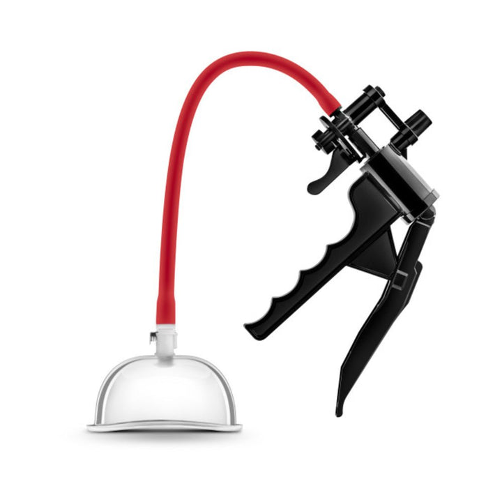 Blush Temptasia Advanced Pussy Pump System with clear silicone cup, red tubing, and black hand trigger pump mechanism.