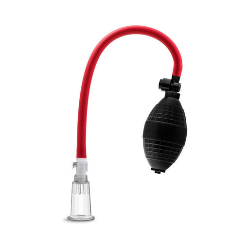 Blush Temptasia Beginner's clitoral pumping system with clear suction cup, red flexible tube, and black squeeze pump bulb.