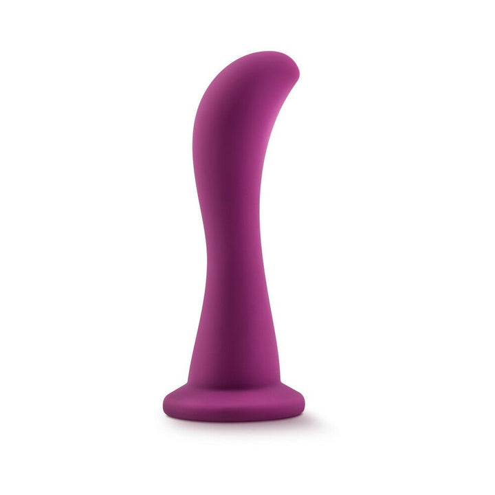 Plum-colored curved silicone pleasure toy with suction cup base, designed for targeted G-spot or prostate stimulation.
