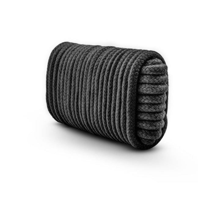 Coiled black 32-foot cotton bondage rope with a smooth, tightly woven texture on a white background.