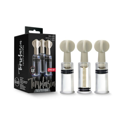 Set of three clear acrylic Temptasia clit and nipple twist suckers with adjustable tops and black packaging box.