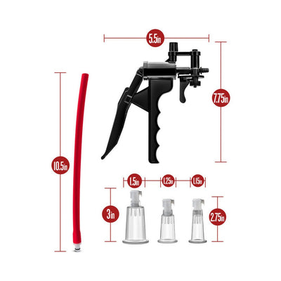 Blush Temptasia clitoris and nipple pump system with trigger handle, red hose, and three clear interchangeable cylinders with size measurements.