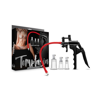 Blush Temptasia clitoris and nipple enhancement pump system with three clear cylinders and black trigger handle with red tubing.