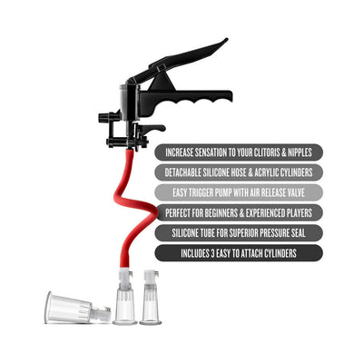 Blush Temptasia clitoris and nipple pump system with black trigger handle, red silicone hose, and three clear acrylic cylinders.