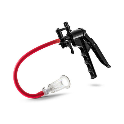 Blush Temptasia clitoris and nipple pump system with black trigger handle, red tubing, and clear suction cylinder.