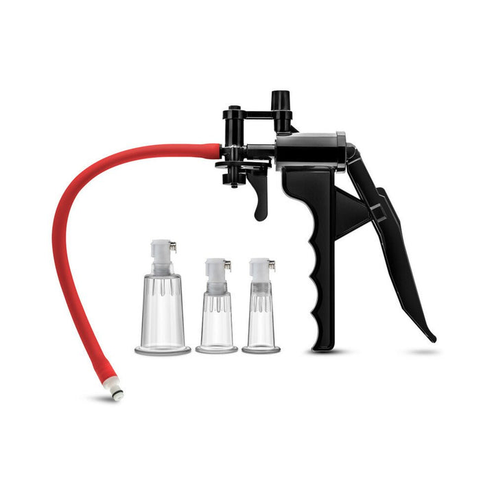 Blush Temptasia clitoris and nipple pump system with black trigger handle, red hose, and three clear interchangeable cylinders.