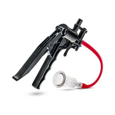 Blush Temptasia clitoris and nipple pump system with black trigger handle and clear suction cylinder connected by red tubing.