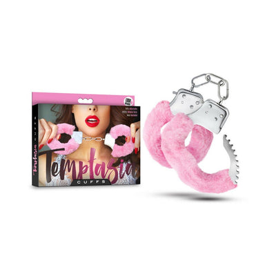 Pink faux fur-lined metal handcuffs with secure locks and keys, shown with Temptasia branded packaging.