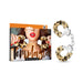 Temptasia cuffs with leopard print faux fur covering and metal chain, shown with packaging featuring a woman holding the cuffs.