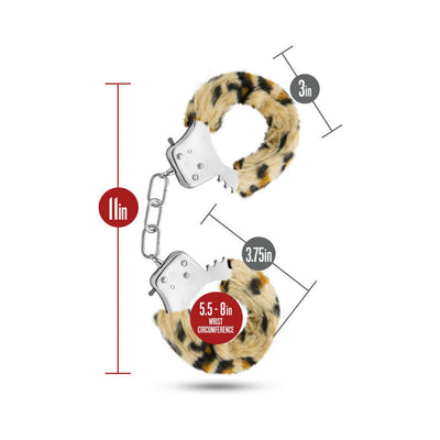 Leopard print faux fur-lined metal cuffs with chain, showing dimensions and adjustable wrist circumference from 5.5 to 8 inches.
