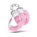 Pair of metal handcuffs covered in soft pink faux fur with a connecting chain and locking mechanism.