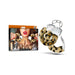 Temptasia cuffs with leopard print faux fur covering and metal locks, shown with packaging featuring a woman holding the cuffs.