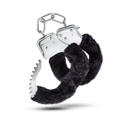 Pair of metal handcuffs with removable black faux fur lining and a short connecting chain.