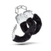 Pair of metal handcuffs with removable black faux fur lining and a short connecting chain.
