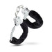 Pair of metal handcuffs lined with soft black faux fur for comfortable restraint and adjustable fit.