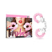 Pink faux fur-covered metal handcuffs with packaging featuring a woman holding the cuffs near her face.