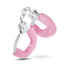 Pair of metal handcuffs covered in soft pink faux fur with a connecting chain and locking mechanism.