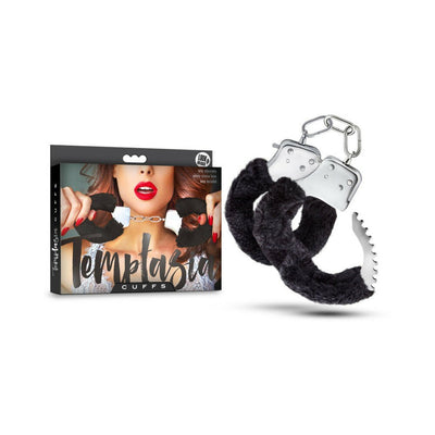 Temptasia black faux fur-lined metal cuffs with chain and packaging featuring a woman holding the cuffs near her face.