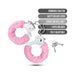 Pink faux fur covered metal handcuffs with two keys and safety release lever, fully adjustable and sturdy design.