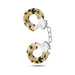 Pair of metal handcuffs covered in leopard print faux fur with a connecting chain and locking mechanism.