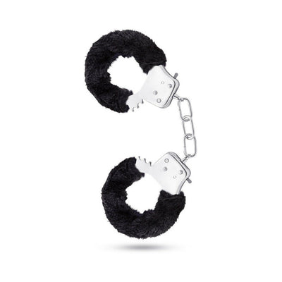 Pair of black faux fur-lined metal handcuffs connected by a short chain with locking mechanism.
