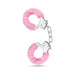 Pair of metal handcuffs covered in soft pink faux fur with a short connecting chain and locking mechanism.