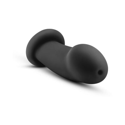 Black silicone G-spot dildo with a curved tip and suction cup base for hands-free use.