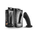 Temptasia Elvira black silicone G-spot dildo with curved design and suction cup base shown with packaging boxes.