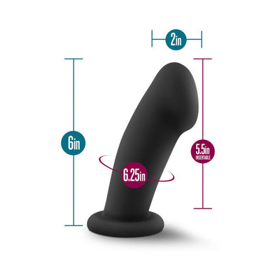 Black silicone G-spot dildo with curved tip, suction base, and size dimensions labeled for length, insertable length, and girth.
