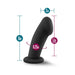 Black silicone G-spot dildo with curved tip, suction base, and size dimensions labeled for length, insertable length, and girth.