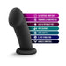 Black silicone G-spot dildo with suction base and icons highlighting body-safe, fragrance-free, latex-free, smooth, and harness compatible features.