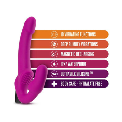 Pink strapless silicone dildo with dual stimulation and key features listed in colorful bars on the side.