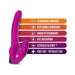Pink strapless silicone dildo with dual stimulation and key features listed in colorful bars on the side.