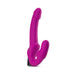 Pink strapless silicone dildo with ergonomic design and textured stimulation area, standing upright on white background.