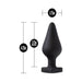 Black silicone butt plug with tapered shape and heart-shaped base, measuring 4.25 inches long and 1.75 inches wide.