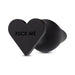 Black silicone butt plug with a heart-shaped base embossed with bold text, smooth matte finish.
