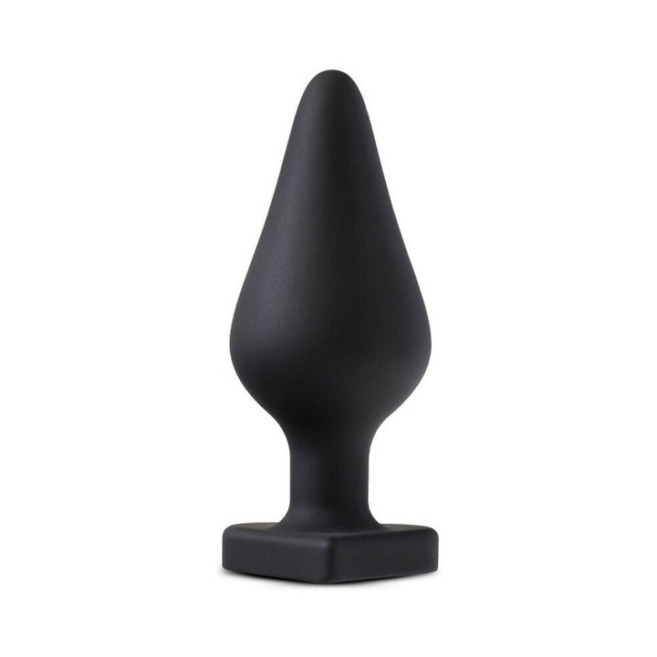 Black silicone tapered butt plug with a heart-shaped base and smooth matte finish.