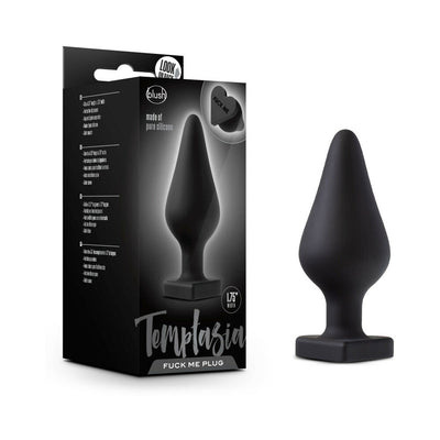 Black silicone Temptasia butt plug with heart-shaped base and packaging showing product details.