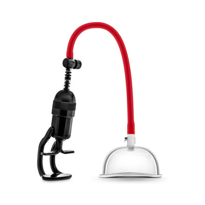 Temptasia Intense Pussy Pump System with clear acrylic cup, red silicone hose, and black hand pump on white background.