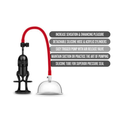 Clear acrylic suction cup connected by a red silicone hose to a black hand pump with trigger and air release valve.