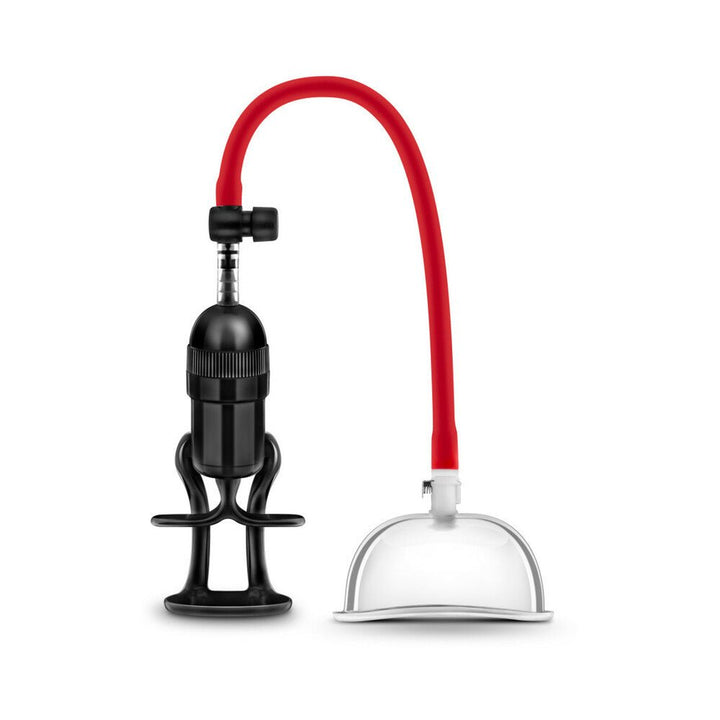 Temptasia intense pussy pump system with black hand pump, red silicone hose, and clear acrylic suction cup.